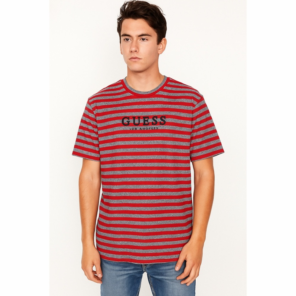 Guess Bold Stripes Embroidery Focal Point Short Sleeve Unisex Crewneck Tee Shirt